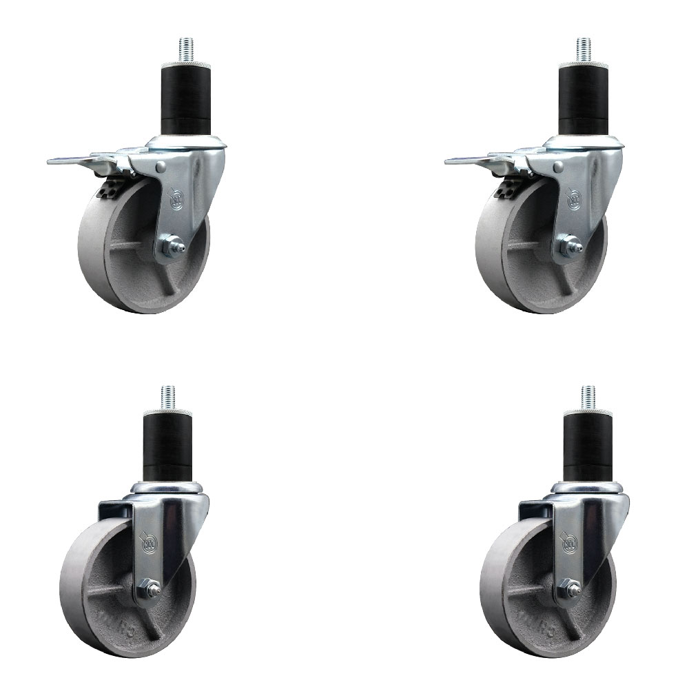 Semi Steel Cast Iron Swivel Expanding Stem Caster Set of 4 w/Roller Bearings - 4" x 1.5" Silver Wheels and 1-3/4" Stems - 2 with Total Locking Brakes - 1200 lbs Total Capacity - Service Caster Brand — photo 1