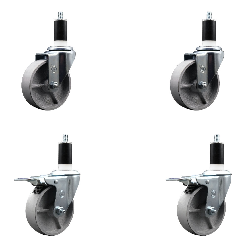 Semi Steel Cast Iron Swivel Expanding Stem Caster Set of 4 with 4 Inch Silver Wheels and 1-3/8" Stems - Includes 2 with Total Locking Brakes - 1200 lbs Total Capacity - Service Caster Brand — photo 1