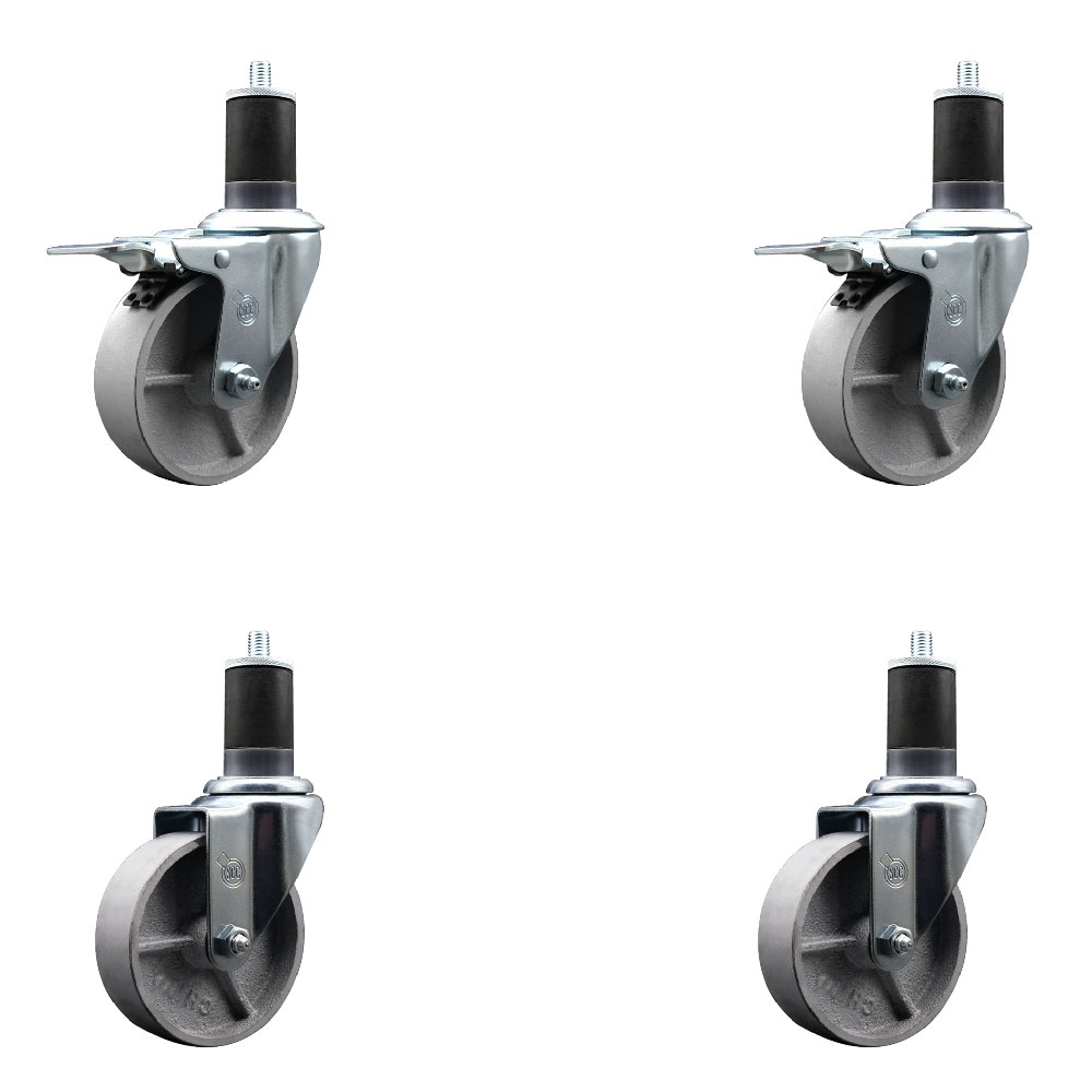 Semi Steel Cast Iron Swivel Expanding Stem Caster Set of 4 w/Roller Bearings - 4" x 1.5" Silver Wheels and 1-5/8" Stems - 2 with Total Locking Brakes - 1200 lbs Total Capacity - Service Caster Brand — photo 1
