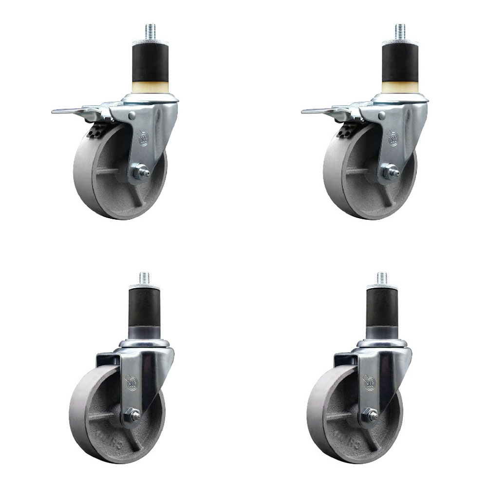 Semi Steel Cast Iron Swivel Expanding Stem Caster Set of 4 with 4 Inch Silver Wheels and 1-7/8" Stems - Includes 2 with Total Locking Brakes - 1200 lbs Total Capacity - Service Caster Brand — photo 1