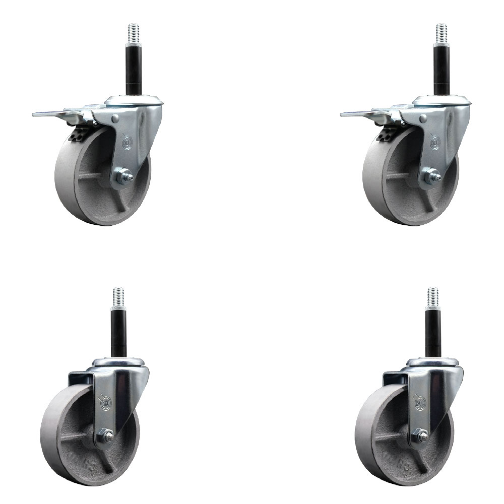 Semi Steel Cast Iron Swivel Expanding Stem Caster Set of 4 w/Roller Bearings - 4" x 1.5" Silver Wheels and 3/4" Stems - 2 with Total Locking Brakes - 1200 lbs Total Capacity - Service Caster Brand — photo 1