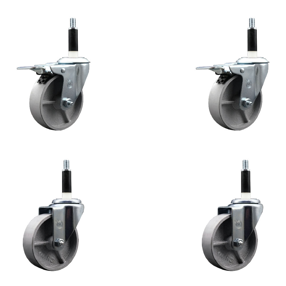 Semi Steel Cast Iron Swivel Expanding Stem Caster Set of 4 w/Roller Bearings - 4" x 1.5" Silver Wheels and 7/8" Stems - 2 with Total Locking Brakes - 1200 lbs Total Capacity - Service Caster Brand — photo 1