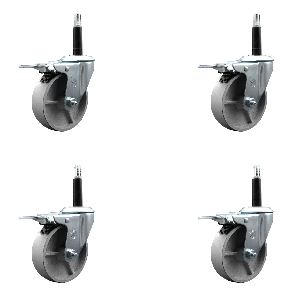 Semi Steel Cast Iron Swivel Expanding Stem Caster Set of 4 with Roller Bearings - 4" x 1.5" Silver Wheels and 3/4" Stems - 4 with Total Lock Brakes - 1200 lbs Total Capacity - Service Caster Brand — photo 1