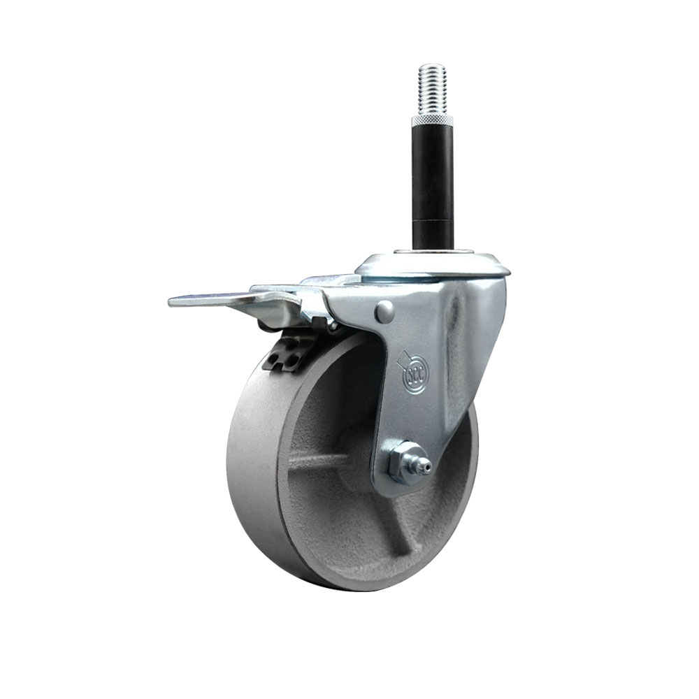Semi Steel Cast Iron Swivel Expanding Stem Caster w/Roller Bearing - 4" x 1.5" Silver Wheel and 3/4" Stem & Total Locking Brake - 300 lbs Capacity/Caster - Service Caster Brand — photo 1