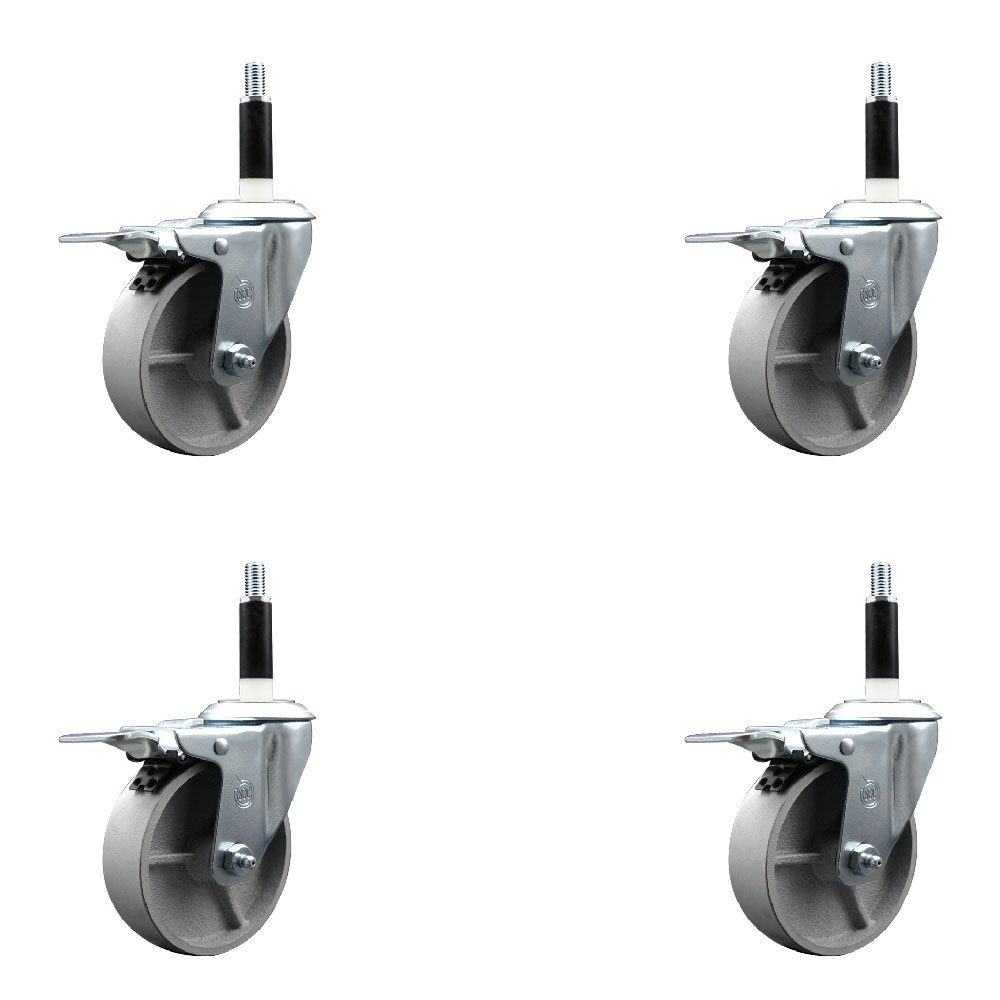 Semi Steel Cast Iron Swivel Expanding Stem Caster Set of 4 with Roller Bearings - 4" x 1.5" Silver Wheels and 7/8" Stems - 4 with Total Lock Brakes - 1200 lbs Total Capacity - Service Caster Brand — photo 1