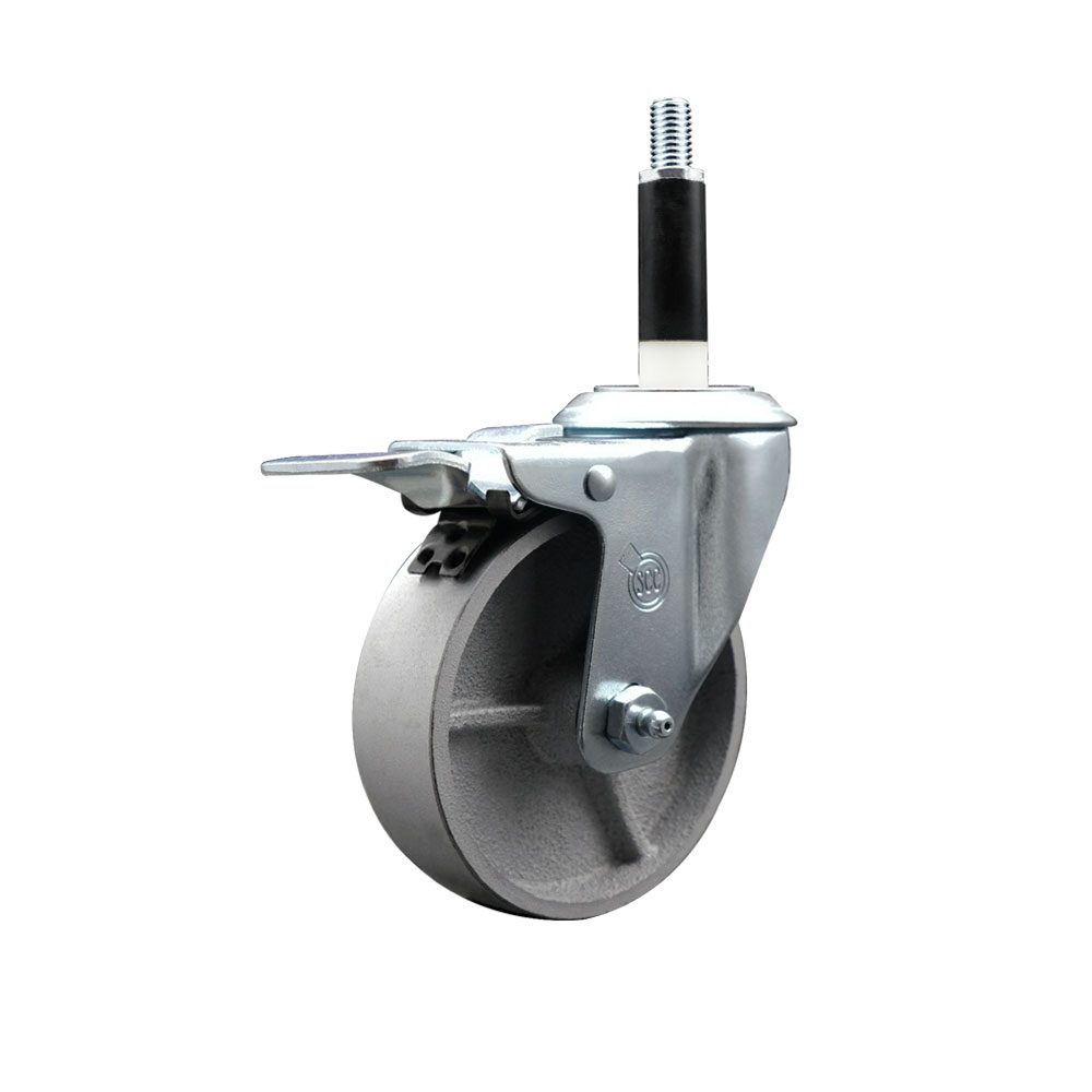 Semi Steel Cast Iron Swivel Expanding Stem Caster w/Roller Bearing - 4" x 1.5" Silver Wheel and 7/8" Stem & Total Locking Brake - 300 lbs Capacity/Caster - Service Caster Brand — photo 1