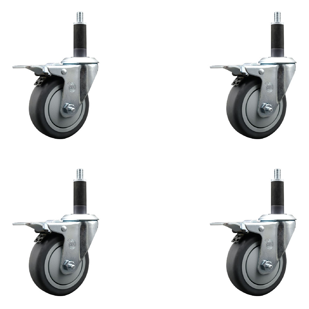 Stainless Steel Thermoplastic Rubber Swivel Expanding Stem Caster Set of 4 with 4 Inch Gray Wheels and 1" Stems-4 Swivel with Total Locking Brakes-250 lbs. Capacity Per Caster-Service Caster Brand — photo 1