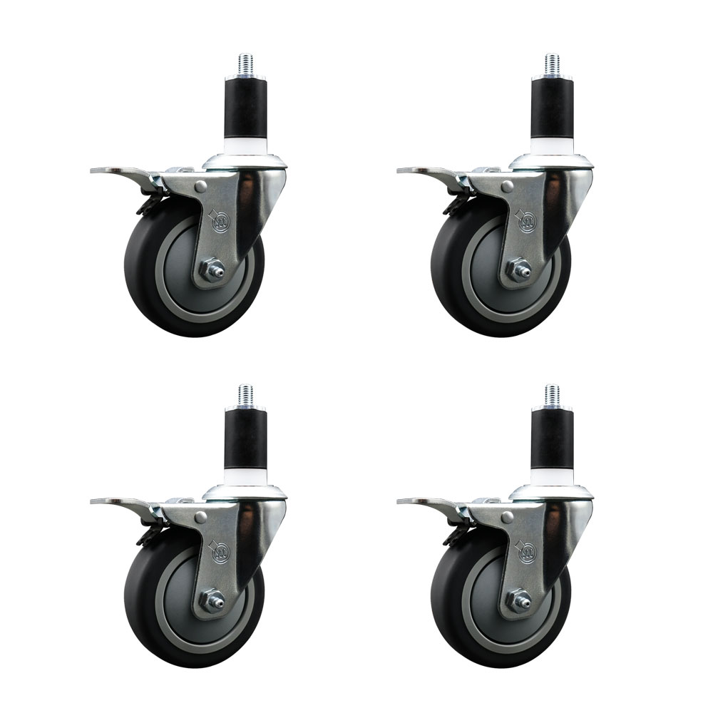 Stainless Steel Thermoplastic Rubber Swivel Expanding Stem Caster Set of 4 with 4 Inch Gray Wheels and 1-1/2" Stems-4 Swivel with Total Locking Brakes-250 lbs. Capacity Per Caster-Service Caster Brand — photo 1