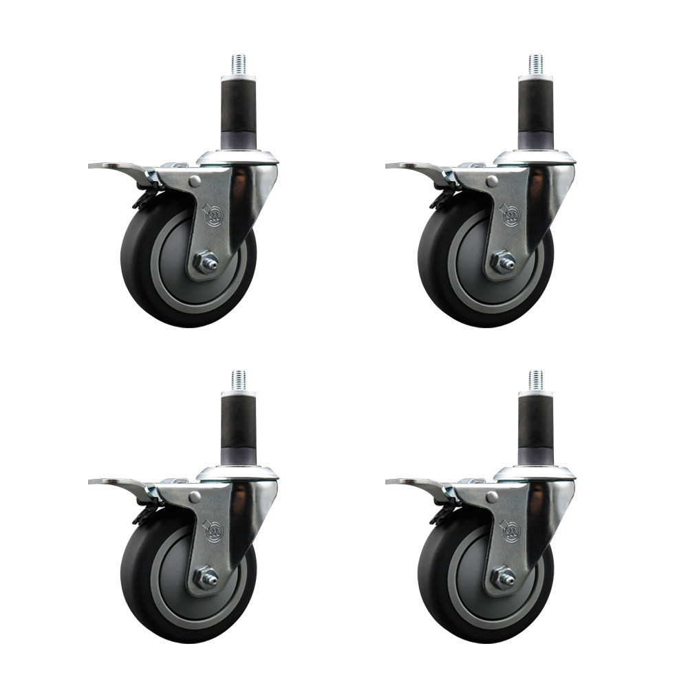 Stainless Steel Thermoplastic Rubber Swivel Expanding Stem Caster Set of 4 with 4 Inch Gray Wheels and 1-1/4" Stems-4 Swivel with Total Locking Brakes-250 lbs. Capacity Per Caster-Service Caster Brand — photo 1