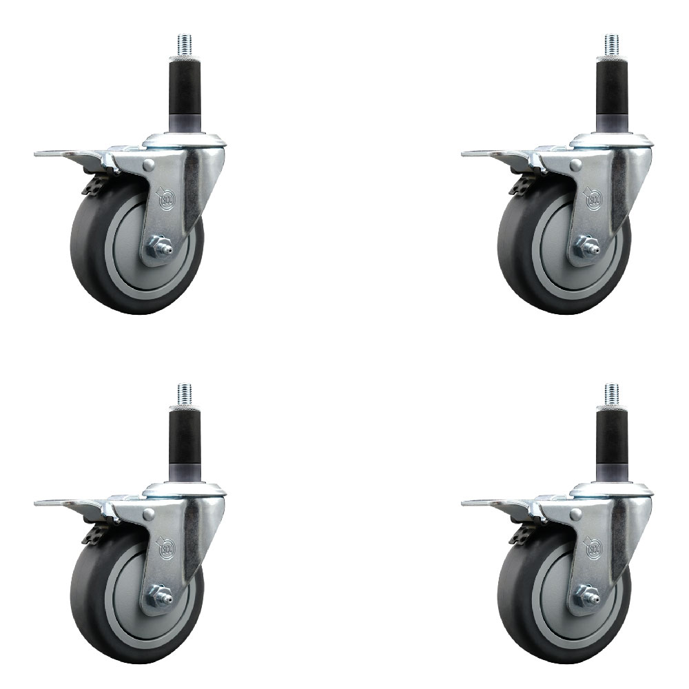 Stainless Steel Thermoplastic Rubber Swivel Expanding Stem Caster Set of 4 with 4 Inch Gray Wheels and 1-1/8" Stems-4 Swivel with Total Locking Brakes-250 lbs. Capacity Per Caster-Service Caster Brand — photo 1
