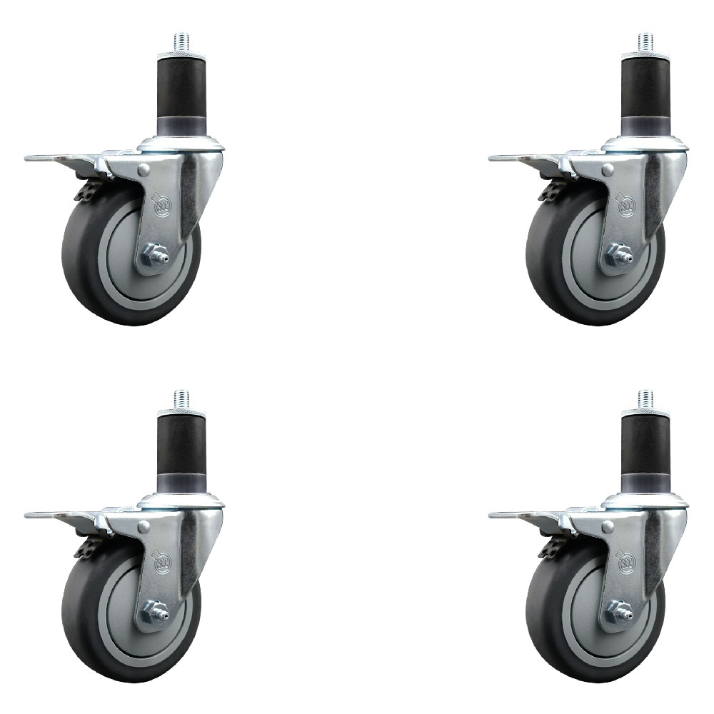 Stainless Steel Thermoplastic Rubber Swivel Expanding Stem Caster Set of 4 with 4 Inch Gray Wheels and 1-5/8" Stems-4 Swivel with Total Locking Brakes-250 lbs. Capacity Per Caster-Service Caster Brand — photo 1