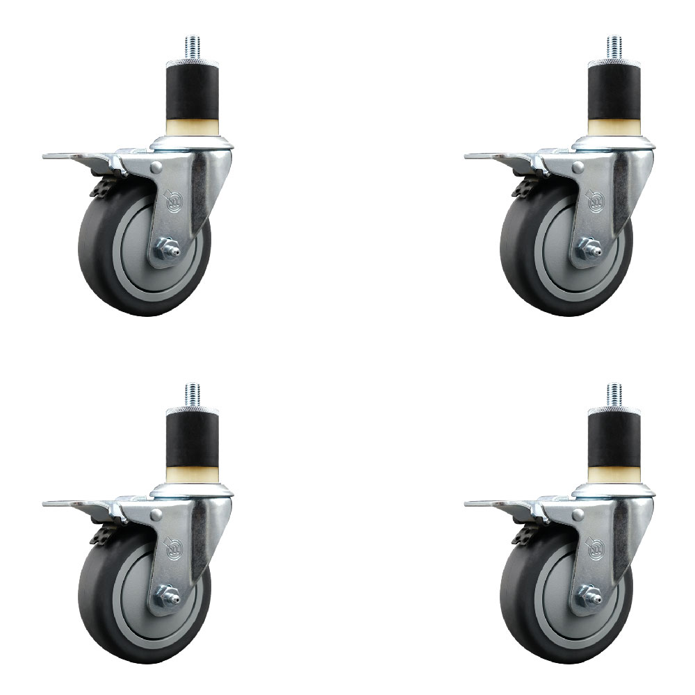 Stainless Steel Thermoplastic Rubber Swivel Expanding Stem Caster Set of 4 with 4 Inch Gray Wheels and 1-7/8" Stems-4 Swivel with Total Locking Brakes-250 lbs. Capacity Per Caster-Service Caster Brand — photo 1