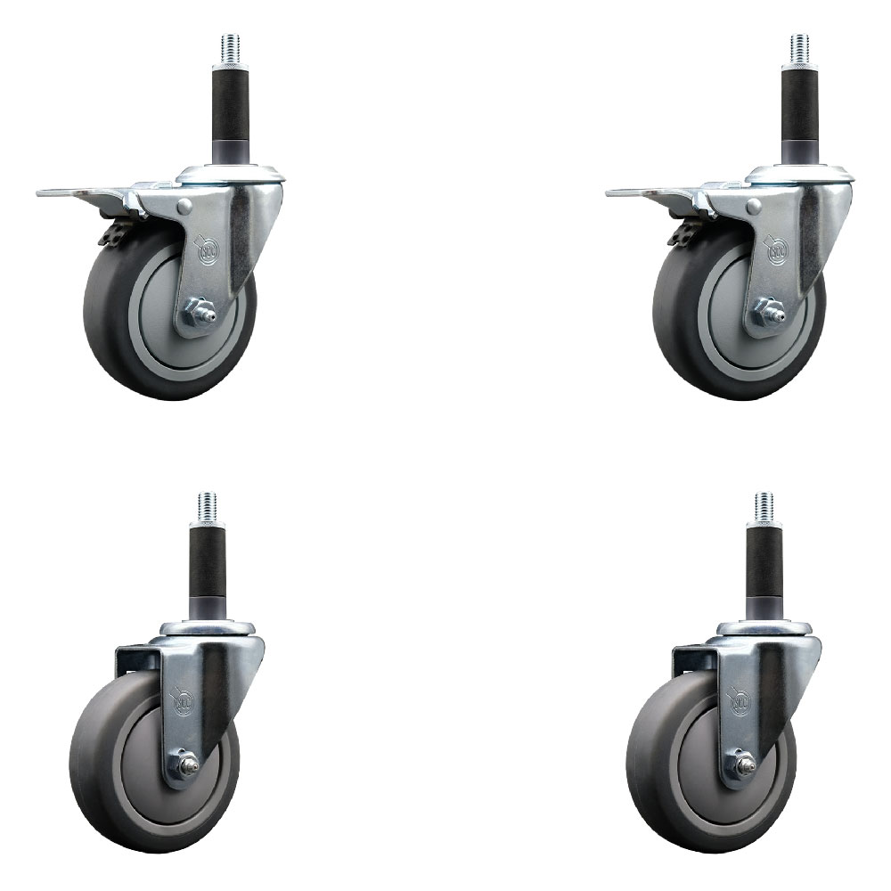 Stainless Steel Thermoplastic Rubber Swivel Expanding Stem Caster Set of 4 with 4 Inch Gray Wheels and 1" Stems - Includes 2 with Total Locking Brakes - 1000 lbs Total Capacity - Service Caster Brand — photo 1