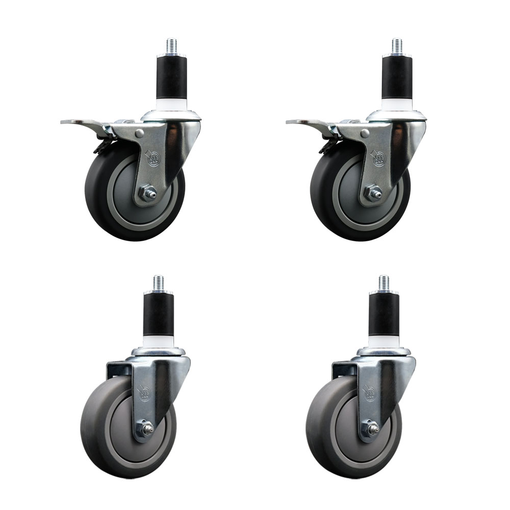 Stainless Steel Thermoplastic Rubber Swivel Expanding Stem Caster Set of 4 with 4 Inch Gray Wheels and 1-1/2" Stems - 2 with Total Locking Brakes - 1000 lbs Total Capacity - Service Caster Brand — photo 1