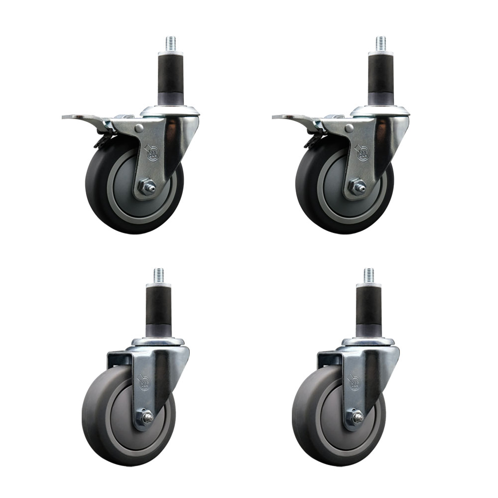 Thermoplastic Rubber Swivel Expanding Stem Caster Set of 4 with 4 Inch Gray Wheels and 1-1/4" Stems - Includes 2 with Total Locking Brakes - 1000 lbs Total Capacity - Service Caster Brand — photo 1
