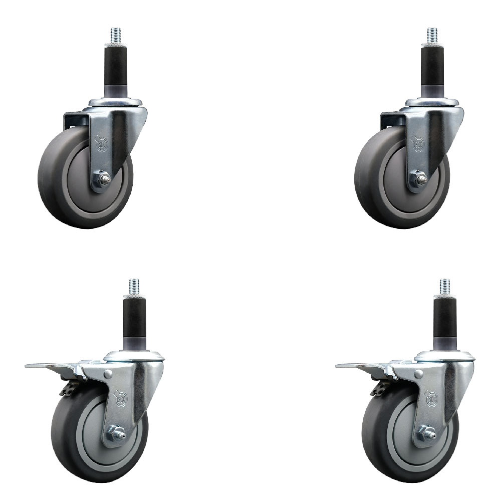 Stainless Steel Thermoplastic Rubber Swivel Expanding Stem Caster Set of 4 with 4 Inch Gray Wheels and 1-1/8" Stems - 2 with Total Locking Brakes - 1000 lbs Total Capacity - Service Caster Brand — photo 1