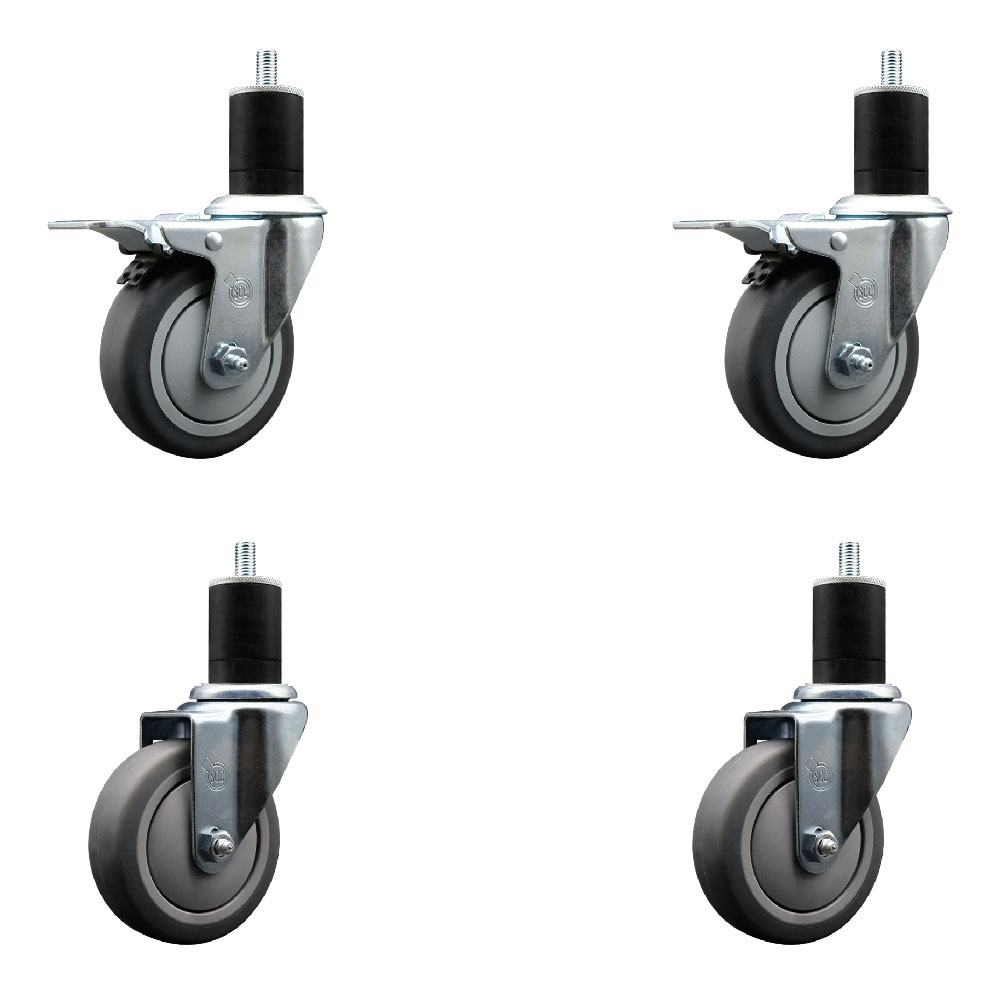 Stainless Steel Thermoplastic Rubber Swivel Expanding Stem Caster Set of 4 with 4 Inch Gray Wheels and 1-3/4" Stems - 2 with Total Locking Brakes - 1000 lbs Total Capacity - Service Caster Brand — photo 1