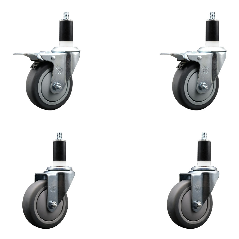 Stainless Steel Thermoplastic Rubber Swivel Expanding Stem Caster Set of 4 with 4 Inch Gray Wheels and 1-3/8" Stems - 2 with Total Locking Brakes - 1000 lbs Total Capacity - Service Caster Brand — photo 1