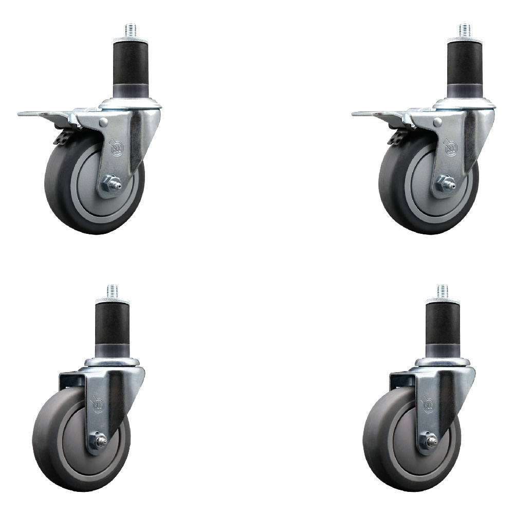 Stainless Steel Thermoplastic Rubber Swivel Expanding Stem Caster Set of 4 with 4 Inch Gray Wheels and 1-5/8" Stems - 2 with Total Locking Brakes - 1000 lbs Total Capacity - Service Caster Brand — photo 1