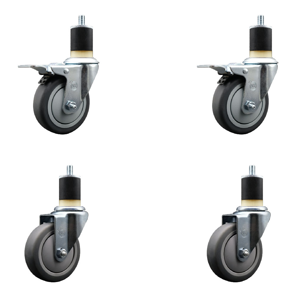Stainless Steel Thermoplastic Rubber Swivel Expanding Stem Caster Set of 4 with 4 Inch Gray Wheels and 1-7/8" Stems - 2 with Total Locking Brakes - 1000 lbs Total Capacity - Service Caster Brand — photo 1