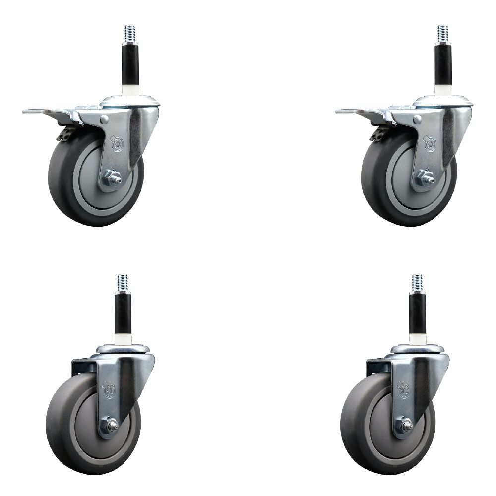 Stainless Steel Thermoplastic Rubber Swivel Expanding Stem Caster Set of 4 with 4 Inch Gray Wheels and 7/8" Stems - 2 with Total Locking Brakes - 1000 lbs Total Capacity - Service Caster Brand — photo 1