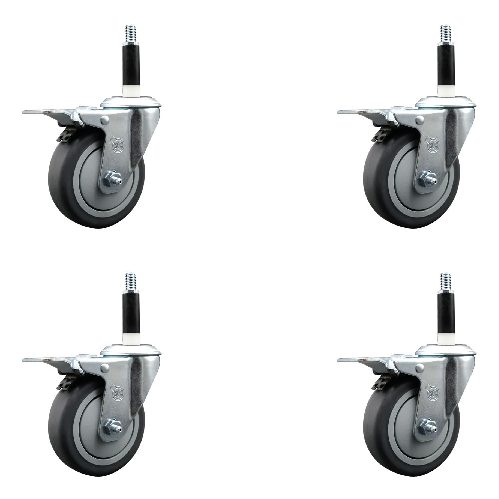 Stainless Steel Thermoplastic Rubber Swivel Expanding Stem Caster Set of 4 with 4 Inch Gray Wheels and 7/8" Stems-4 Swivel with Total Locking Brakes-250 lbs. Capacity Per Caster-Service Caster Brand — photo 1