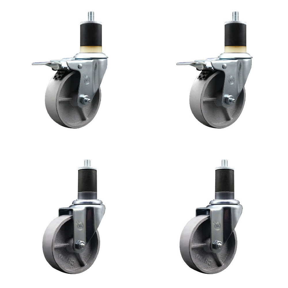 Semi Steel Cast Iron Swivel Expanding Stem Caster Set of 4 w/Roller Bearings - 4" x 1.5" Silver Wheels and 1-7/8" Stems - 2 with Total Locking Brakes - 1200 lbs Total Capacity - Service Caster Brand — photo 1
