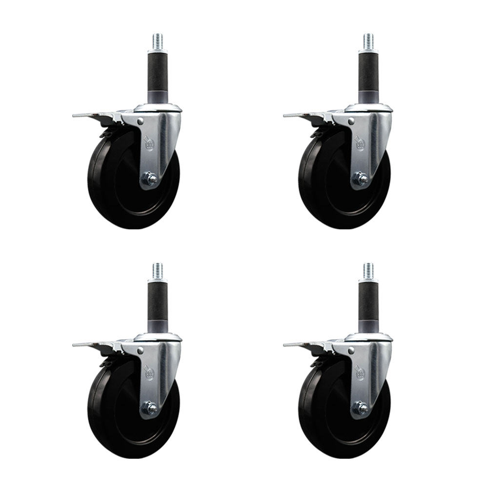 Soft Rubber Swivel Expanding Stem Caster Set of 4 with 5 Inch Black Wheels and 1" Stems - Includes 4 Swivel with Total Locking Brakes - 275 lbs. Capacity Per Caster - Service Caster Brand — photo 1