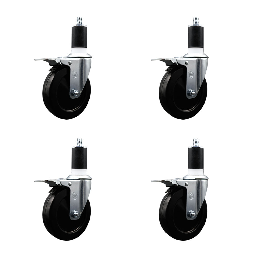 Stainless Steel Soft Rubber Swivel Expanding Stem Caster Set of 4 with 5 Inch Black Wheels and 1-1/2" Stems-Includes 4 Swivel with Total Locking Brakes-275 lbs Capacity Per Caster-Service Caster Brand — photo 1