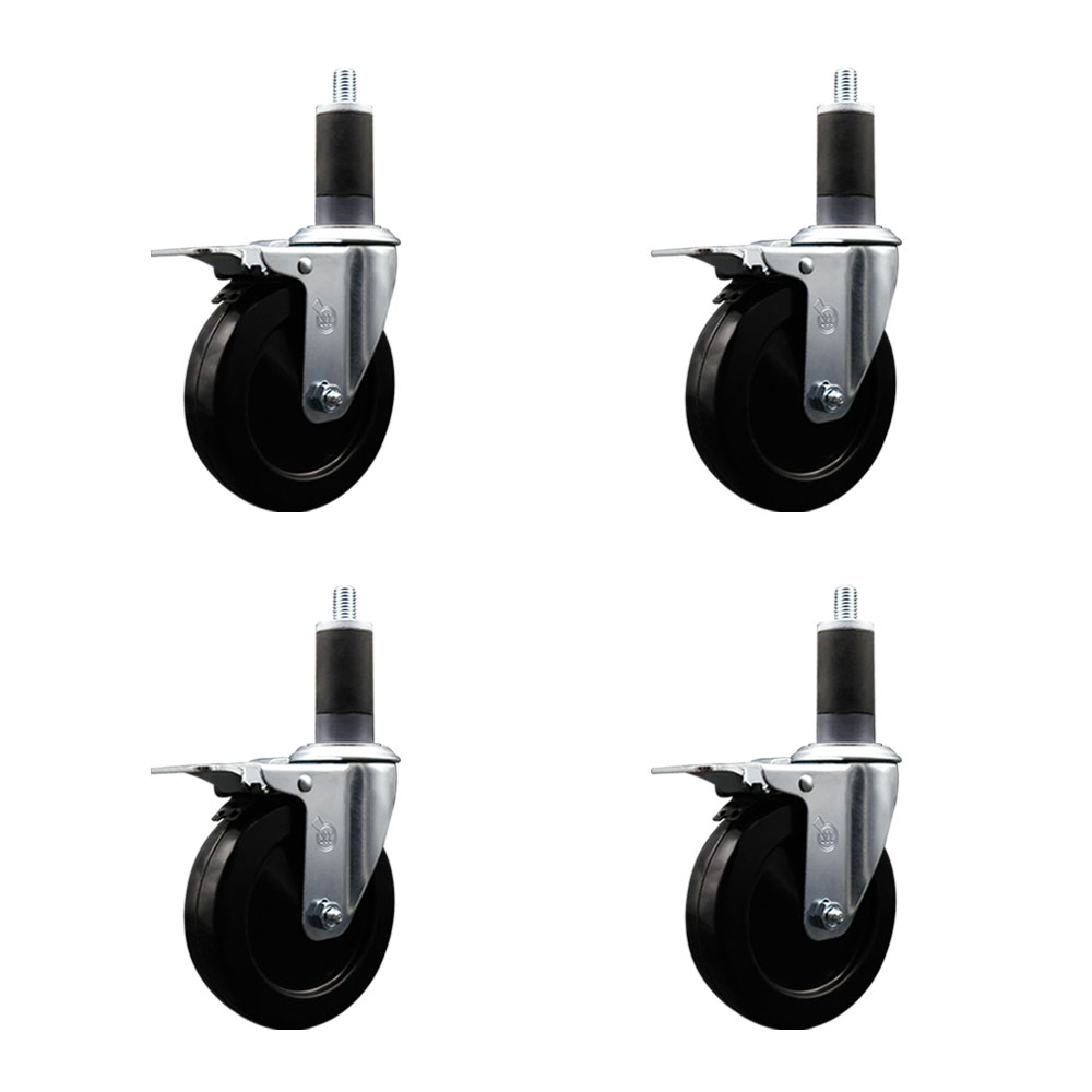 Stainless Steel Soft Rubber Swivel Expanding Stem Caster Set of 4 with 5 Inch Black Wheels and 1-1/4" Stems-Includes 4 Swivel with Total Locking Brakes-275lbs. Capacity Per Caster-Service Caster Brand — photo 1