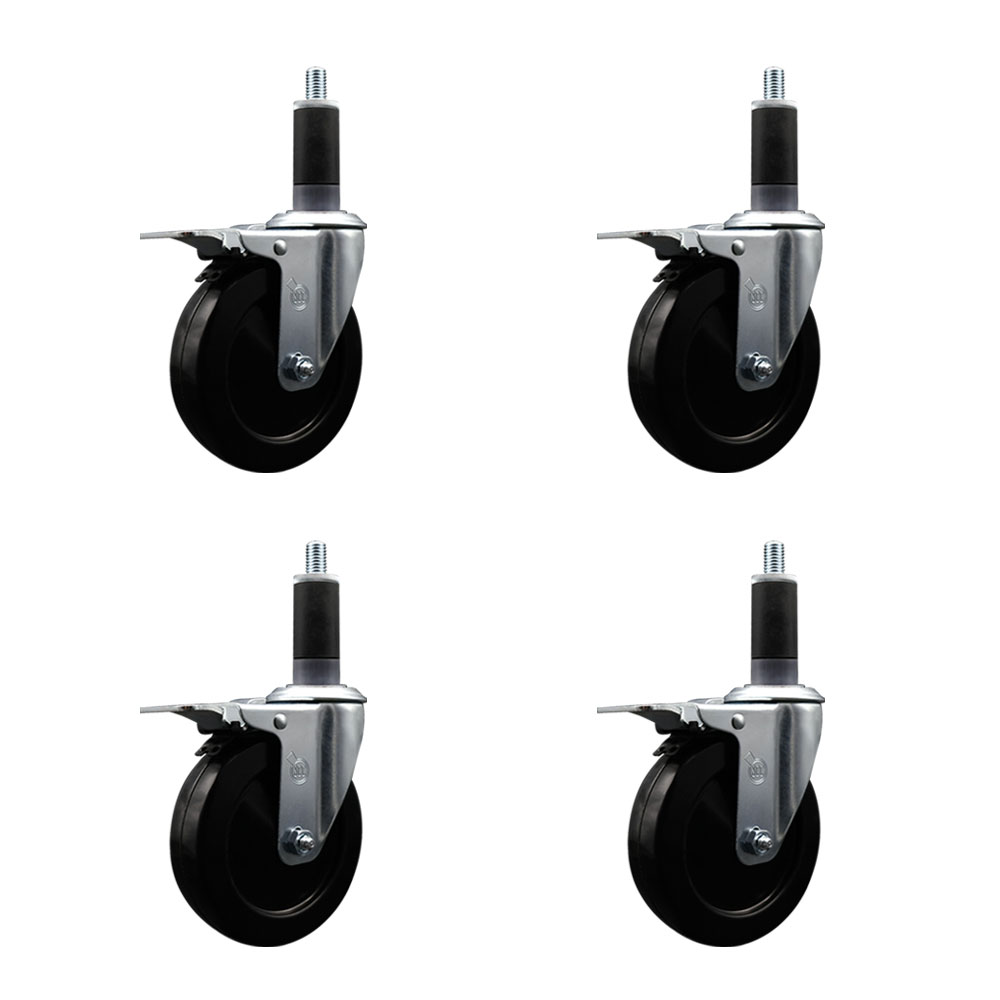 Stainless Steel Soft Rubber Swivel Expanding Stem Caster Set of 4 with 5 Inch Black Wheels and 1-1/8" Stems-Includes 4 Swivel with Total Locking Brakes-275lbs. Capacity Per Caster-Service Caster Brand — photo 1