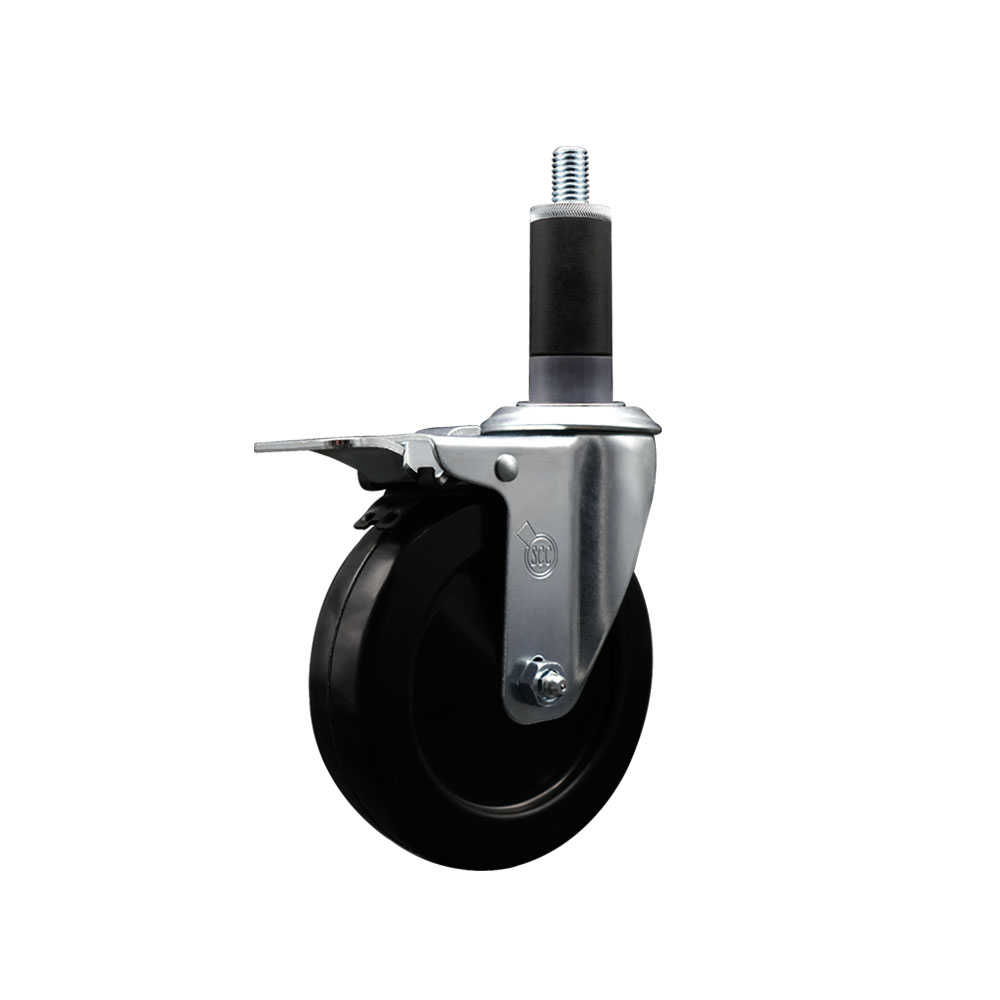 Stainless Steel Soft Rubber Expanding Stem Swivel Caster with 5 Inch Black Wheel and 1-1/8" Stem & Total Locking Brake - 275 lbs. Capacity Per Caster - Service Caster Brand — photo 1