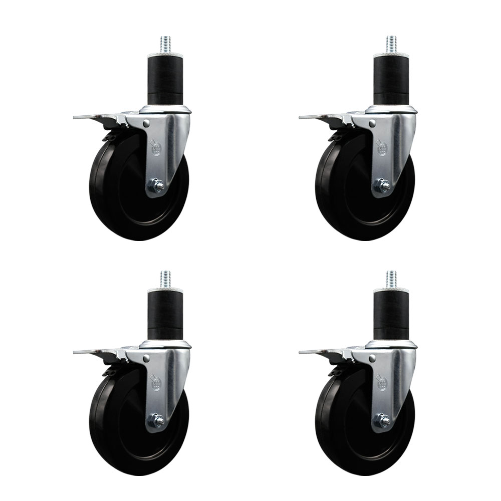 Stainless Steel Hard Rubber Swivel Expanding Stem Caster Set of 4 w/5" x 1.25" Black Wheels and 1-3/4" Stems - Includes 4 with Total Lock Brakes - 1200 lbs Total Capacity - Service Caster Brand — photo 1