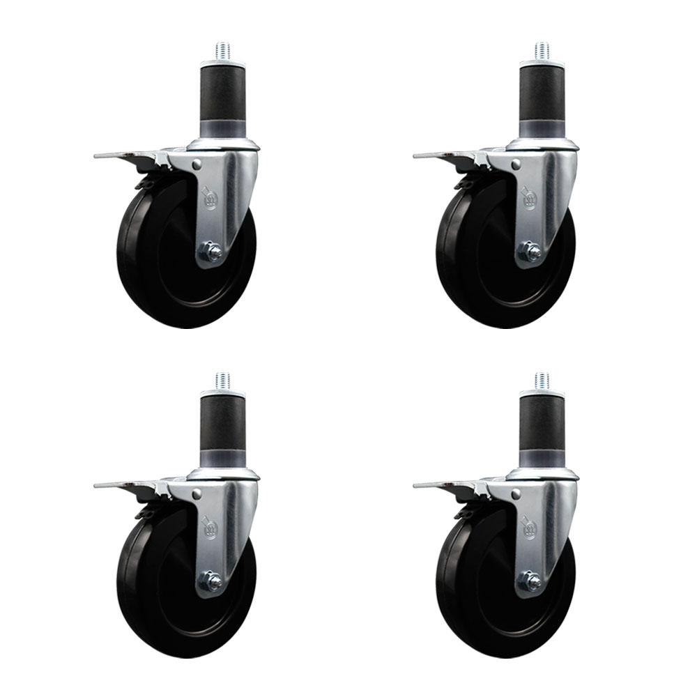 Soft Rubber Swivel Expanding Stem Caster Set of 4 with 5 Inch Black Wheels and 1-5/8" Stems - Includes 4 Swivel with Total Locking Brakes - 275 lbs. Capacity Per Caster - Service Caster Brand — photo 1