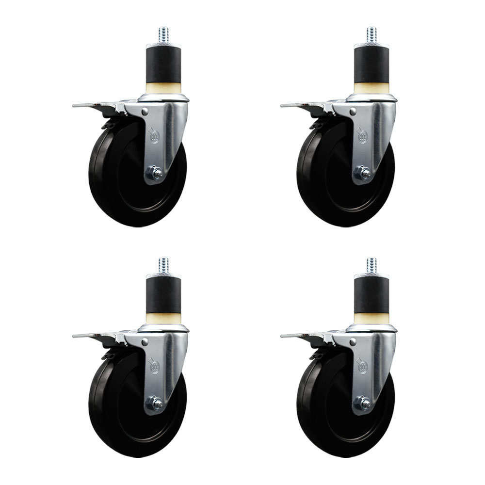 Stainless Steel Soft Rubber Swivel Expanding Stem Caster Set of 4 with 5 Inch Black Wheels and 1-7/8" Stems-Includes 4 Swivel with Total Locking Brakes-275lbs. Capacity Per Caster-Service Caster Brand — photo 1