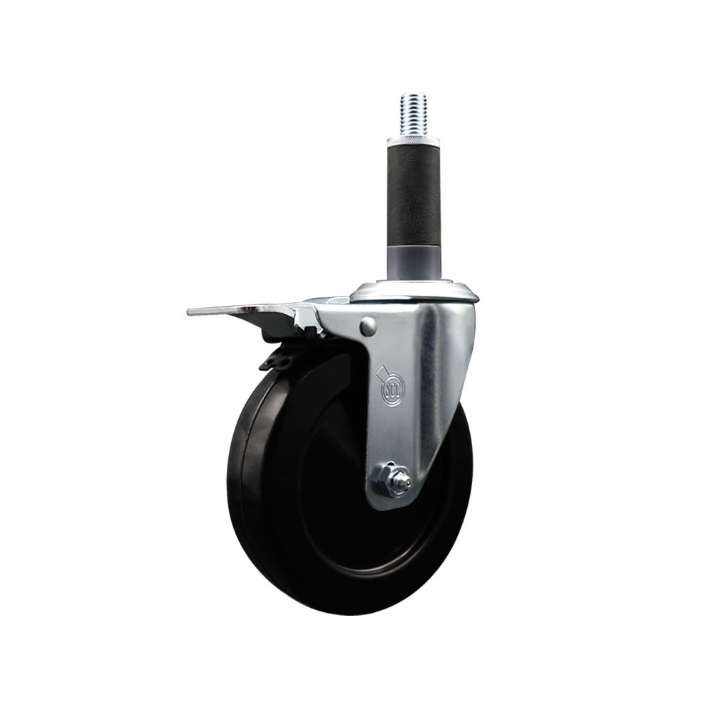 Soft Rubber Expanding Stem Swivel Caster with 5 Inch Black Wheel and 1" Stem & Total Locking Brake - 275 lbs. Capacity Per Caster - Service Caster Brand — photo 1