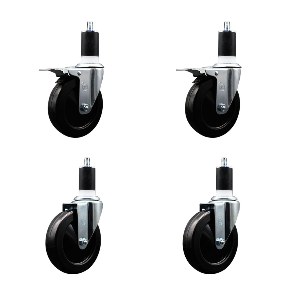 Stainless Steel Soft Rubber Swivel Expanding Stem Caster Set of 4 with 5 Inch Black Wheels and 1-1/2" Stems - Includes 2 with Total Locking Brakes - 1100 lbs Total Capacity - Service Caster Brand — photo 1
