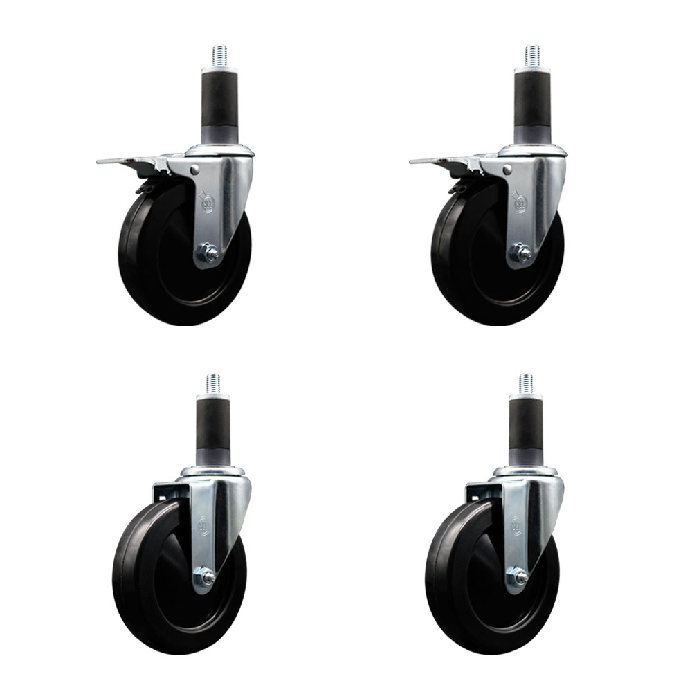 Stainless Steel Soft Rubber Swivel Expanding Stem Caster Set of 4 with 5 Inch Black Wheels and 1-1/4" Stems - Includes 2 with Total Locking Brakes - 1100 lbs Total Capacity - Service Caster Brand — photo 1