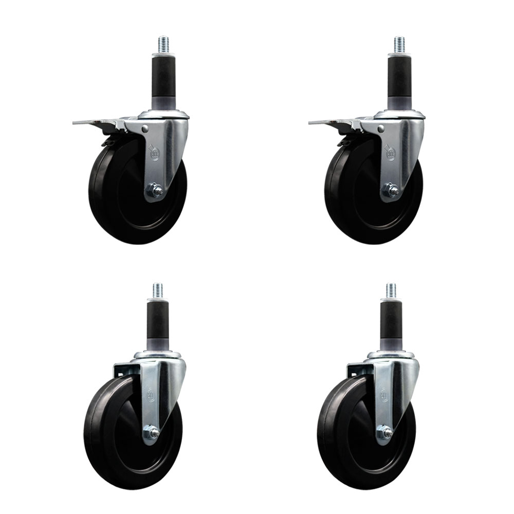 Soft Rubber Swivel Expanding Stem Caster Set of 4 with 5 Inch Black Wheels and 1-1/8" Stems - Includes 2 with Total Locking Brakes - 1100 lbs Total Capacity - Service Caster Brand — photo 1