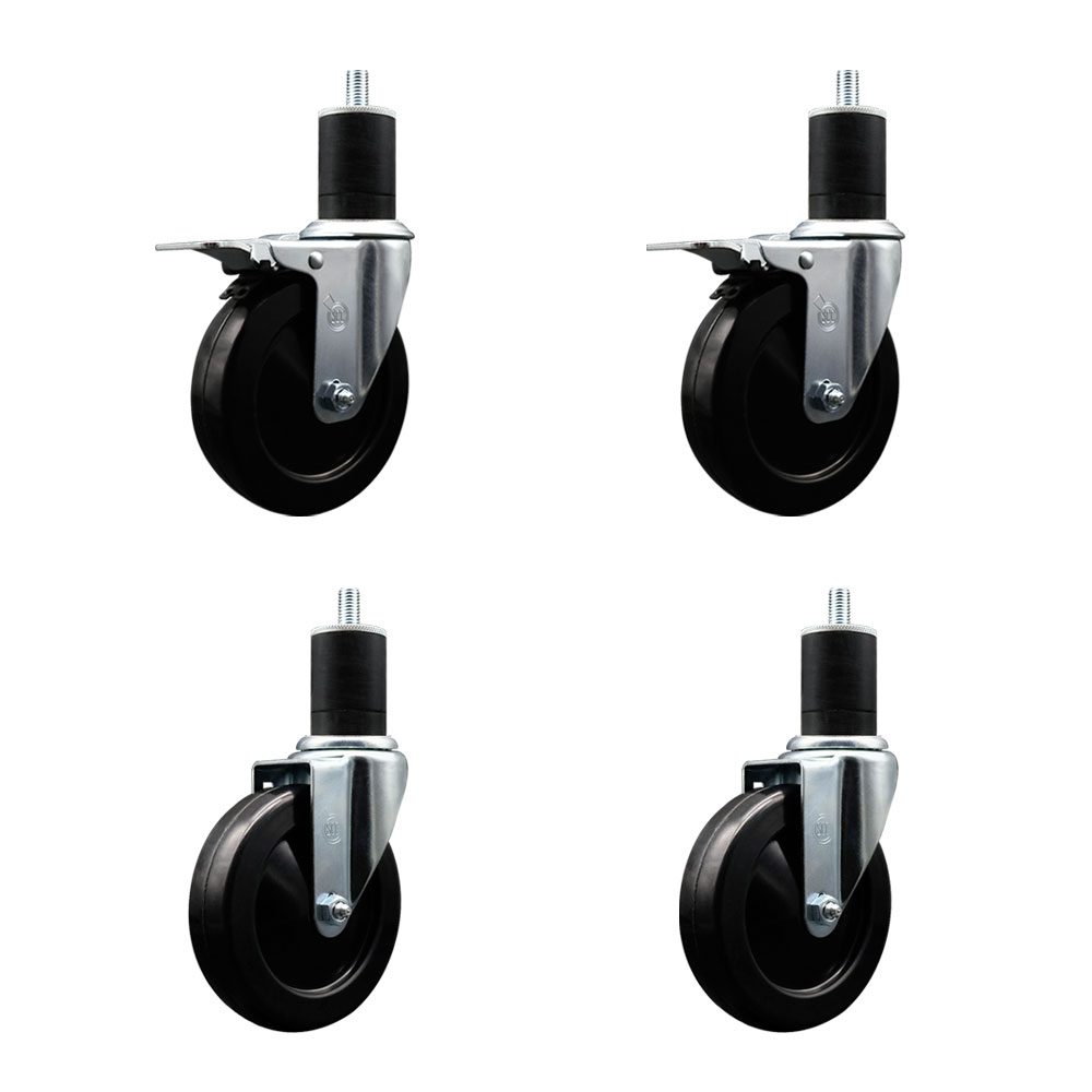 Stainless Steel Soft Rubber Swivel Expanding Stem Caster Set of 4 with 5 Inch Black Wheels and 1-3/4" Stems - Includes 2 with Total Locking Brakes - 1100 lbs Total Capacity - Service Caster Brand — photo 1