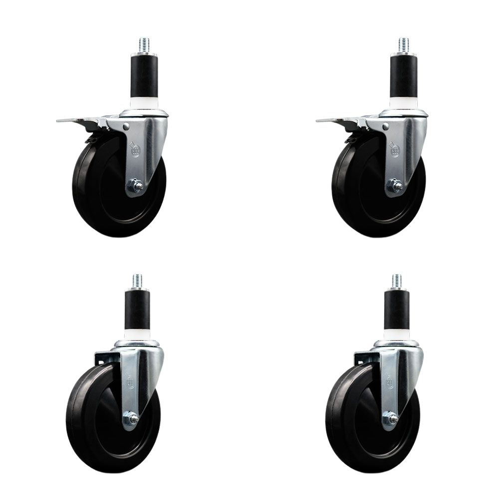 Hard Rubber Swivel Expanding Stem Caster Set of 4 w/5" x 1.25" Black Wheels and 1-3/8" Stems - Includes 2 with Total Locking Brake - 1200 lbs Total Capacity - Service Caster Brand — photo 1