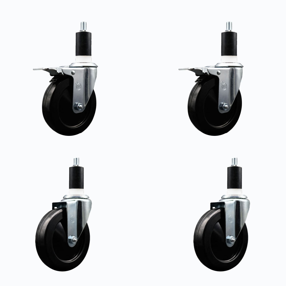 Stainless Steel Soft Rubber Swivel Expanding Stem Caster Set of 4 with 5 Inch Black Wheels and 1-3/8" Stems - Includes 2 with Total Locking Brakes - 1100 lbs Total Capacity - Service Caster Brand — photo 1