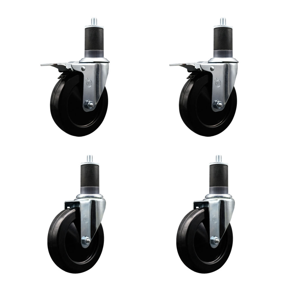 Soft Rubber Swivel Expanding Stem Caster Set of 4 with 5 Inch Black Wheels and 1-5/8" Stems - Includes 2 with Total Locking Brakes - 1100 lbs Total Capacity - Service Caster Brand — photo 1