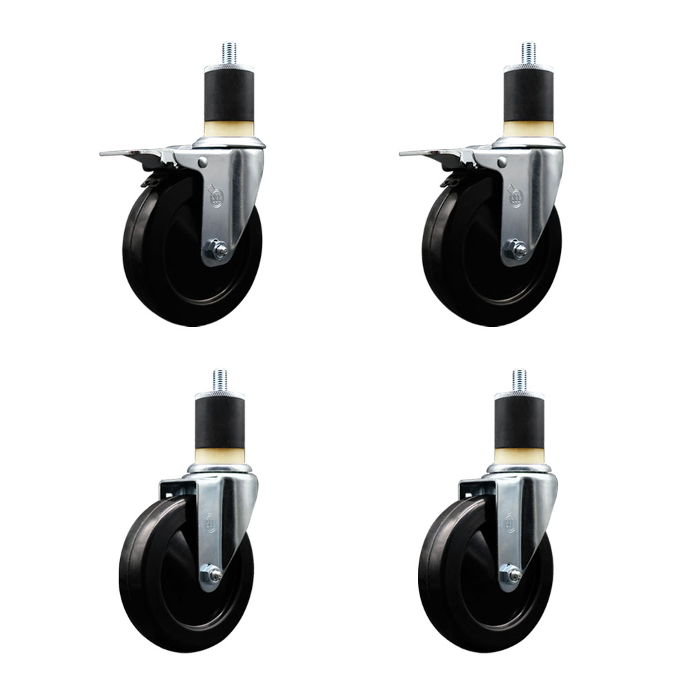 Soft Rubber Swivel Expanding Stem Caster Set of 4 with 5 Inch Black Wheels and 1-7/8" Stems - Includes 2 with Total Locking Brakes - 1100 lbs Total Capacity - Service Caster Brand — photo 1