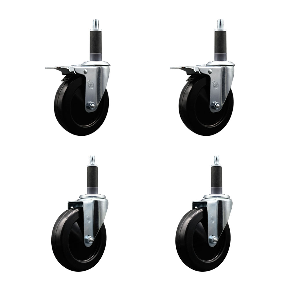 Stainless Steel Soft Rubber Swivel Expanding Stem Caster Set of 4 with 5 Inch Black Wheels and 1" Stems - Includes 2 with Total Locking Brakes - 1100 lbs Total Capacity - Service Caster Brand — photo 1