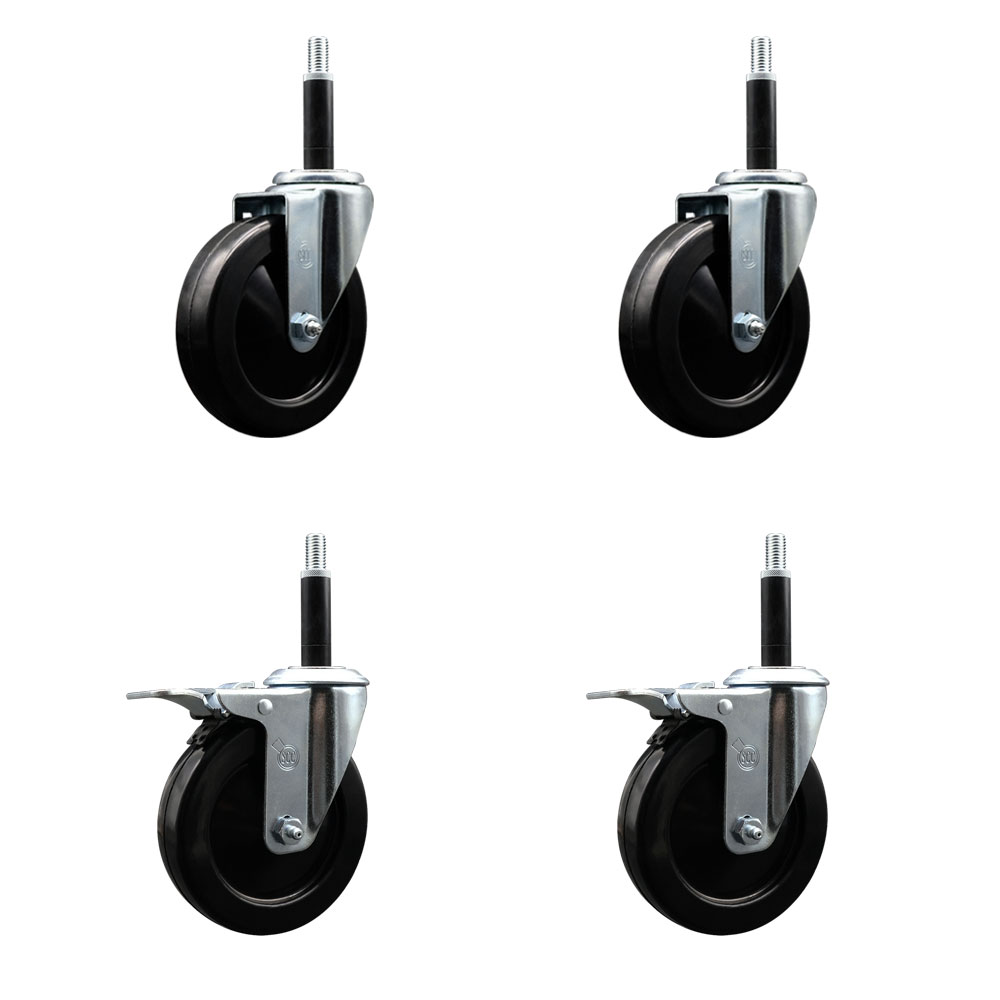 Stainless Steel Soft Rubber Swivel Expanding Stem Caster Set of 4 with 5 Inch Black Wheels and 3/4" Stems - Includes 2 with Total Locking Brakes - 1100 lbs Total Capacity - Service Caster Brand — photo 1
