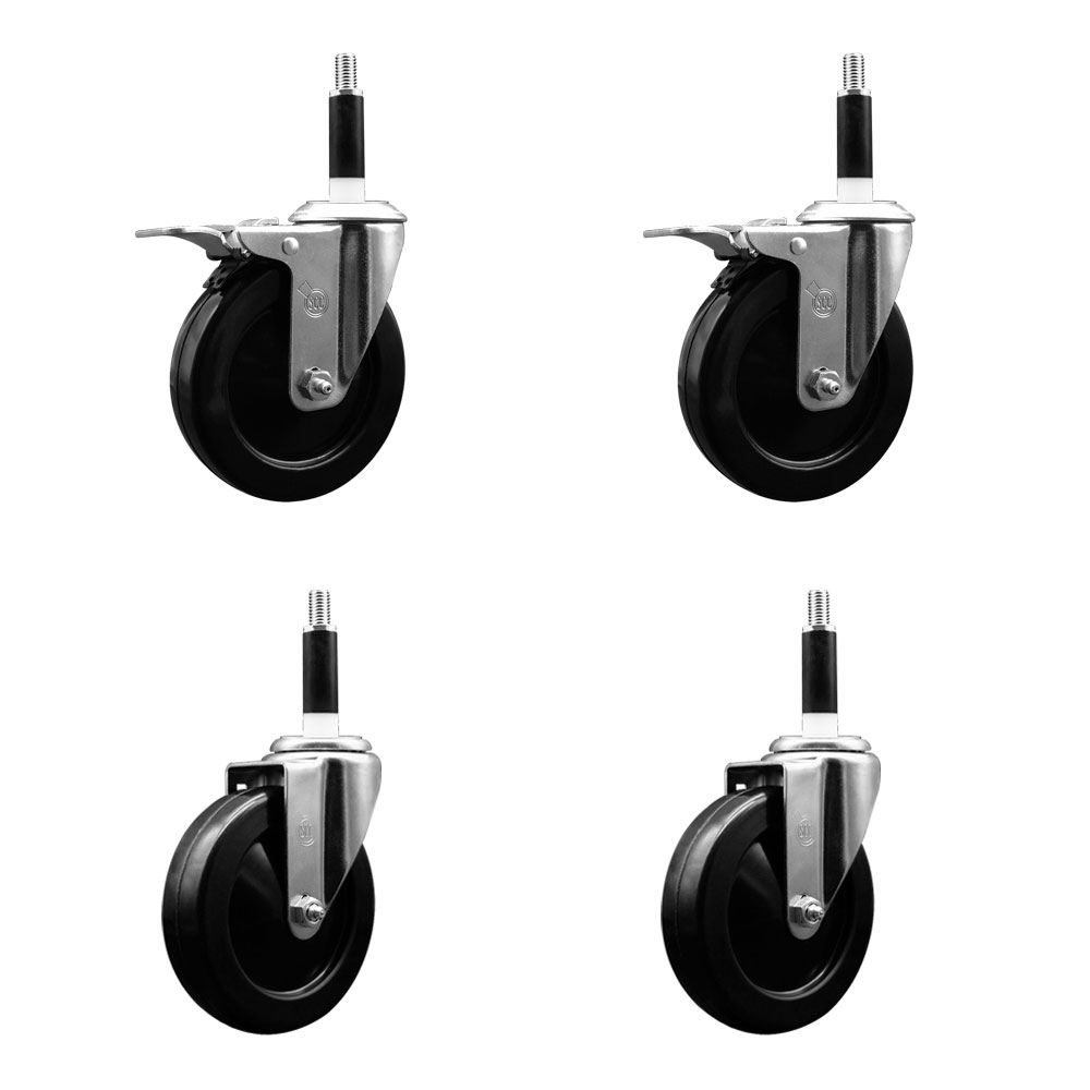 Stainless Steel Soft Rubber Swivel Expanding Stem Caster Set of 4 with 5 Inch Black Wheels and 7/8" Stems - Includes 2 with Total Locking Brakes - 1100 lbs Total Capacity - Service Caster Brand — photo 1