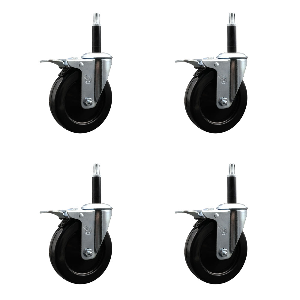 Hard Rubber Swivel Expanding Stem Caster Set of 4 w/5" x 1.25" Black Wheels and 3/4" Stems - Includes 4 with Total Lock Brakes - 1200 lbs Total Capacity - Service Caster Brand — photo 1