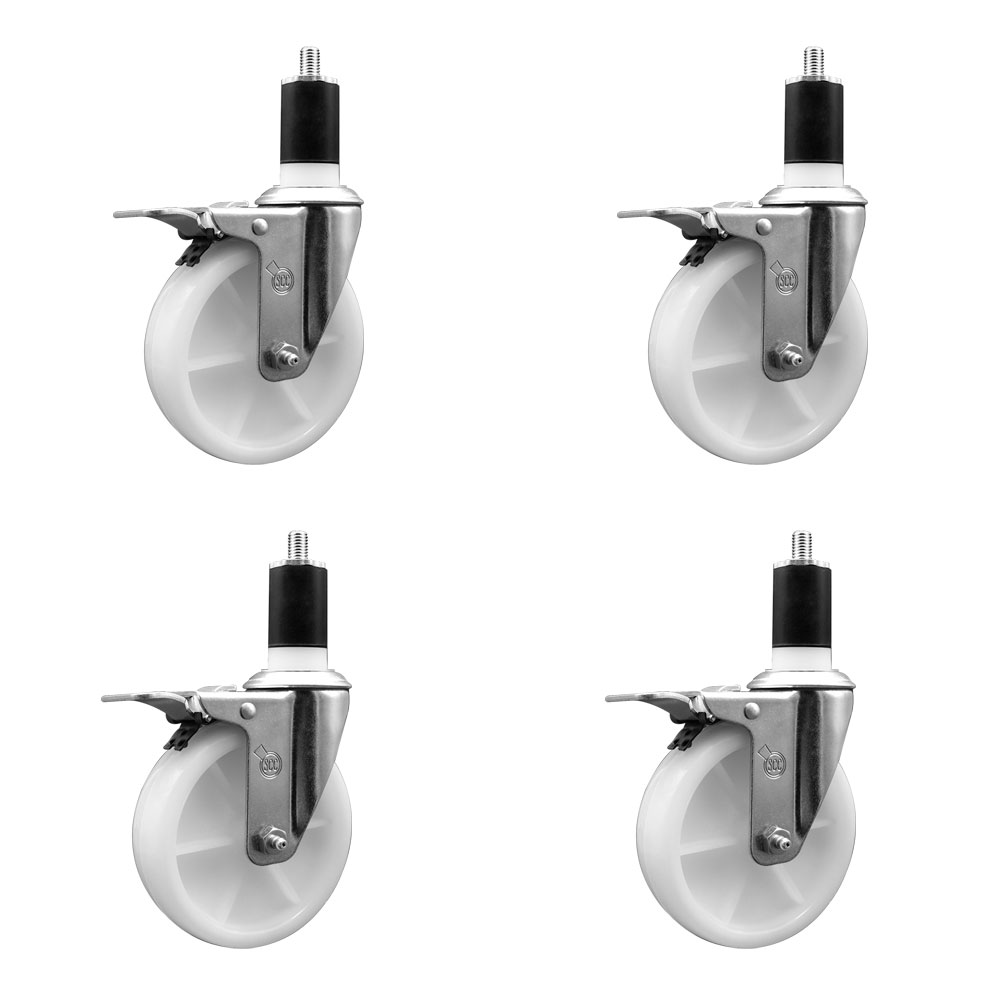 Stainless Steel Nylon Swivel Expanding Stem Caster Set of 4 with 5 Inch White Wheels and 1-1/2" Stems  - Includes 4 Swivel with Total Lock Brakes - 1200 lbs. Total Capacity - Service Caster Brand — photo 1