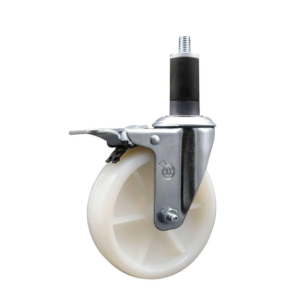Stainless Steel Nylon Expanding Stem Swivel Caster with 5 Inch White Wheel and 1-1/4" Stem & Total Locking Brake - 300 lbs. Capacity Per Caster - Service Caster Brand — photo 1